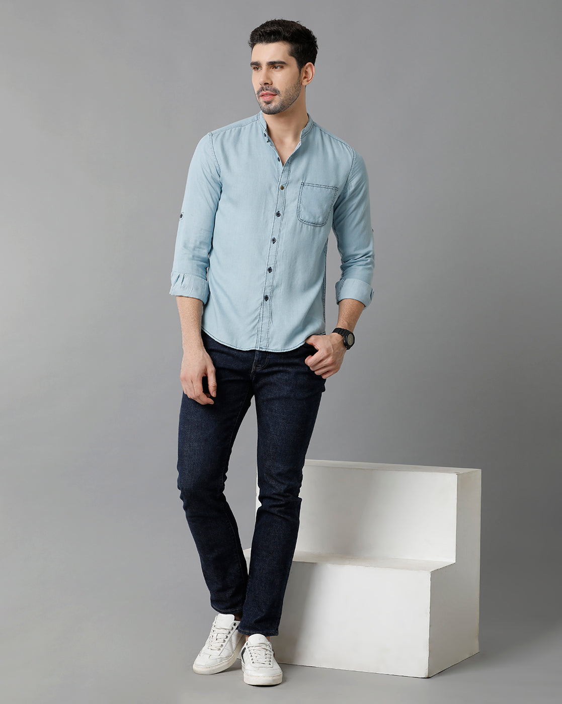 Mandarin Collar Denim Shirt | Shirts | Germain Tailors